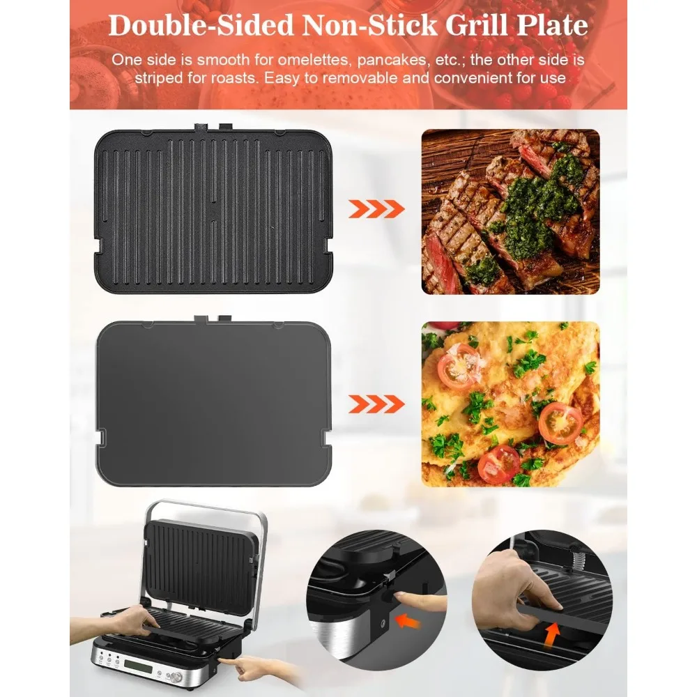 with Removable Plates, 6 in 1 Indoor Grill & Griddle with Meat Thermometer, CATTLEMAN CUISINE