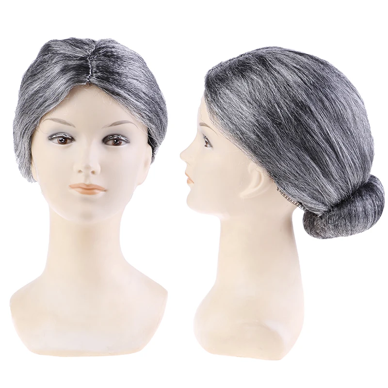 【1PC Old Lady Grandma Granny Grey Wig Bun Hair Grand Mother Fancy Dress Costume Without Mannequins】