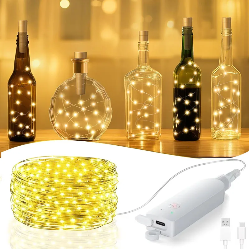 5/20m LED Copper Wire Fairy Light String Rechargeable Timer 8 Lighting Modes for Wedding Party Christmas Tree Table Decor