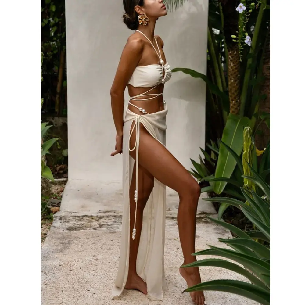 Halterneck Pearl Bandeau Bikini Chic High Waist Sexy Swimsuit Sarong 2024 New Solid Swimwear Women Lace-up Mujer Biquini