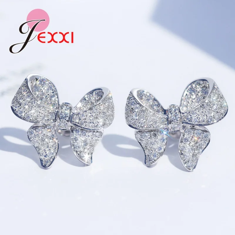 Genuine 925 Sterling Silver Bow Pattern Stud Earrings For Women Girls Wedding Dating Engagement Jewelry Accessory Hot Sale