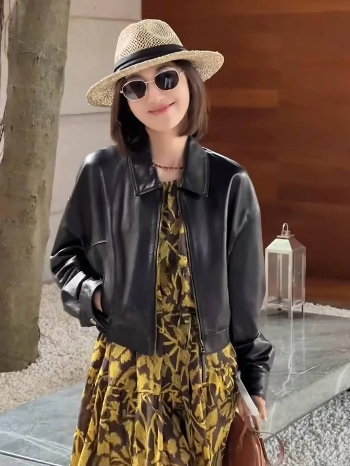 

Ning 2026 New Sle Women's Leather Jaet eepskin Coat Luxury Feel Long Sve Zipper Closure Quilted Pattern