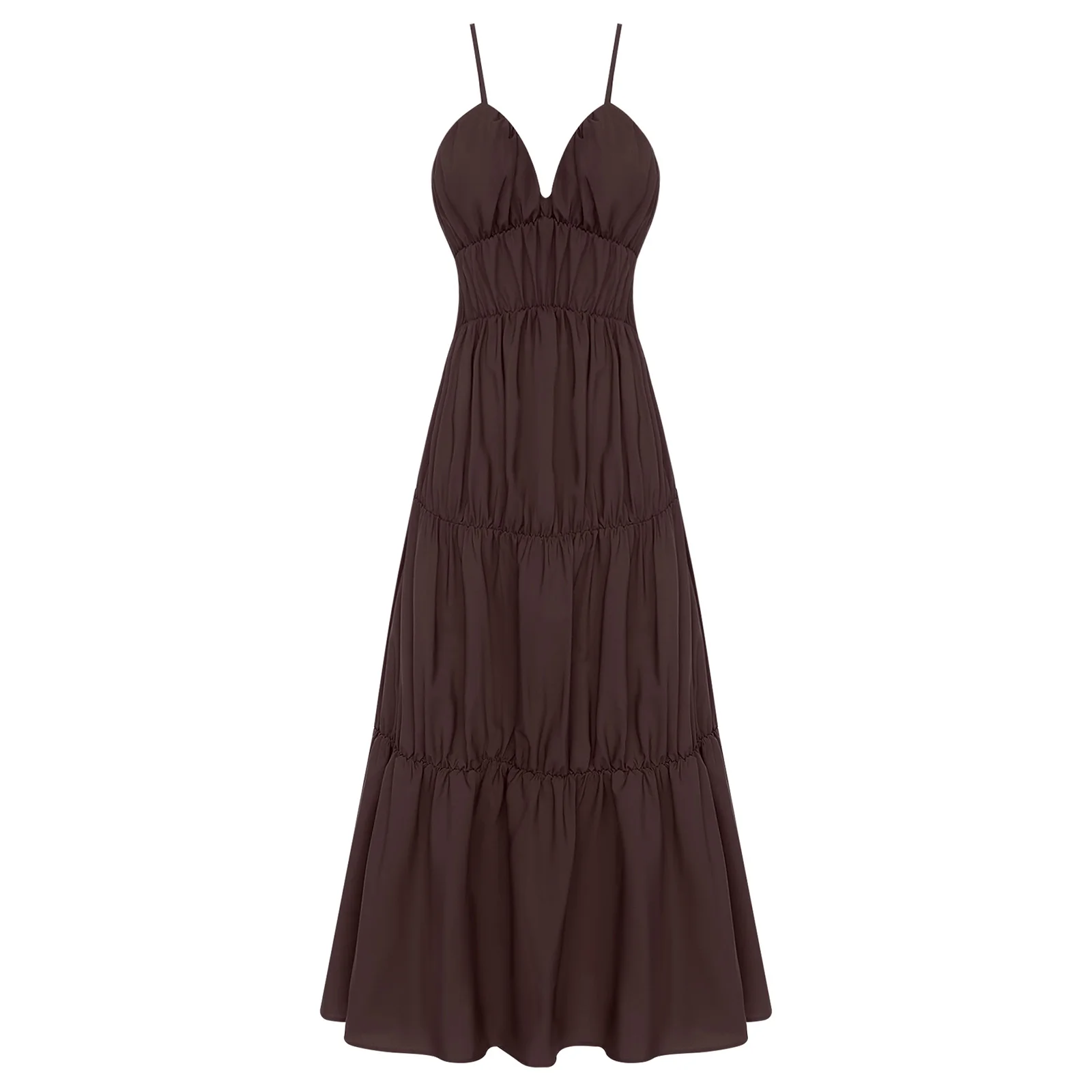 Robes pour femmes Robe longue froncée à plusieurs niveaux Robe longue bohème col en V dos nu Robe longue ample Pure Cami pour les vacances à la plage