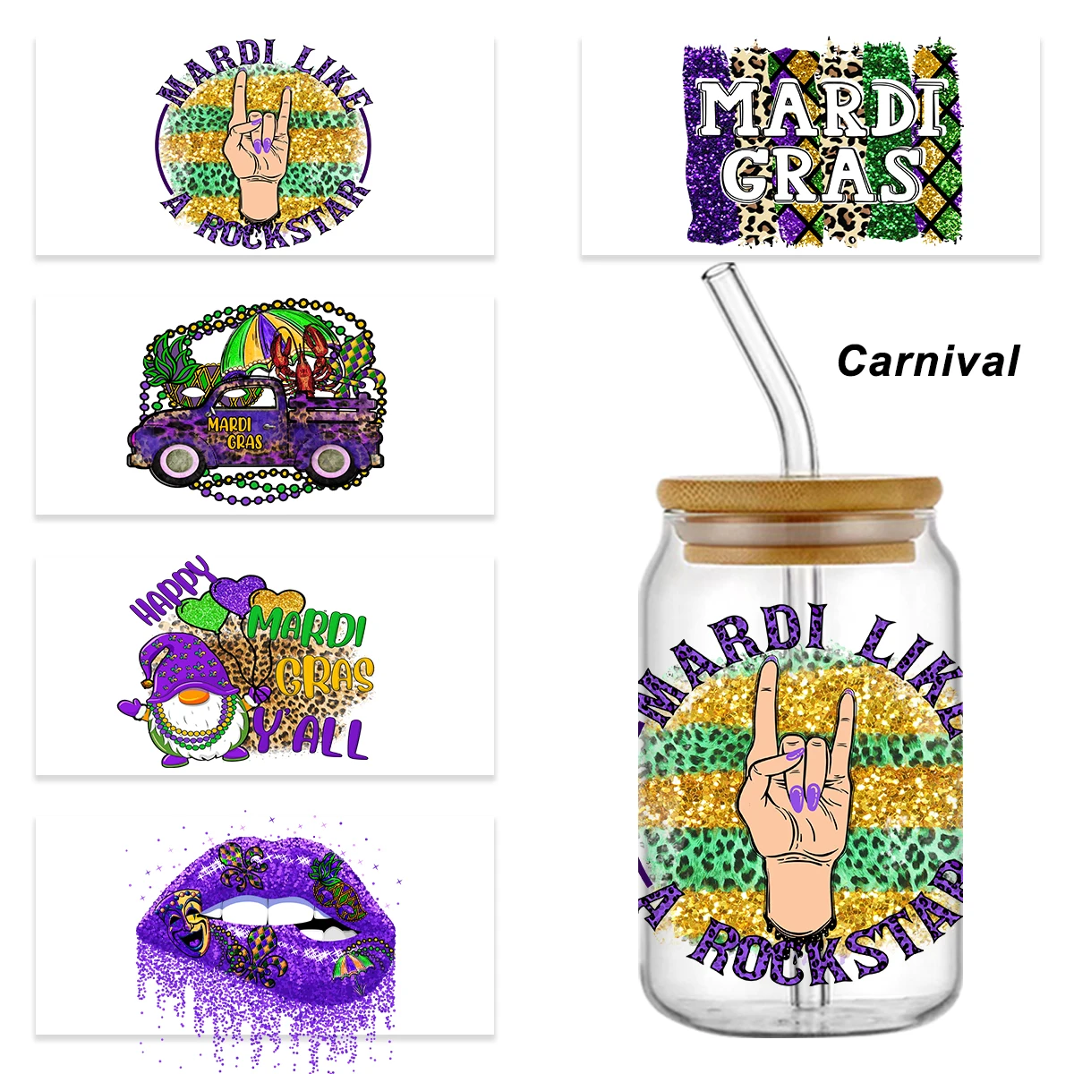

Carnival's Day Theme UV DTF Cup Wrap For 16 OZ Glass Libbey Selfadhesive Washable DIY Custom Cups Wrap Stickers