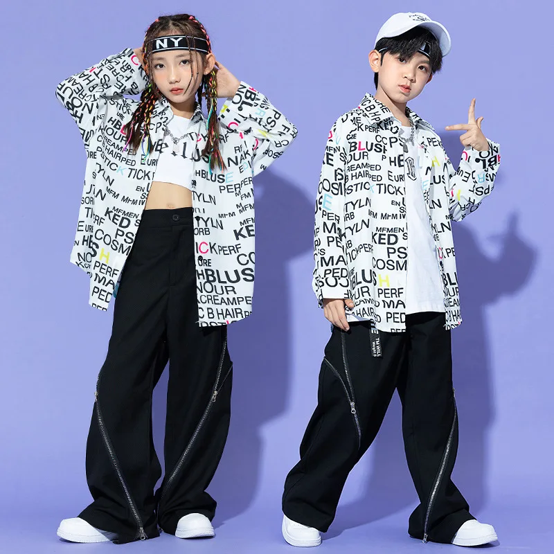 Kid Hip Hop Clothing White Letters Print Oversized Shirt Top Black Casual Zipper Pants for Girl Boy Jazz Dance Costume Clothes