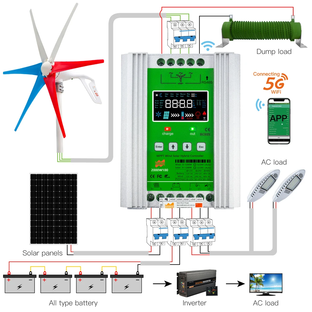 2000W Solar and Wind Hybrid Charge Controller12V 24V 48V With WiFi and LCD Display Solar Wind Regulator Suitable for All Battery