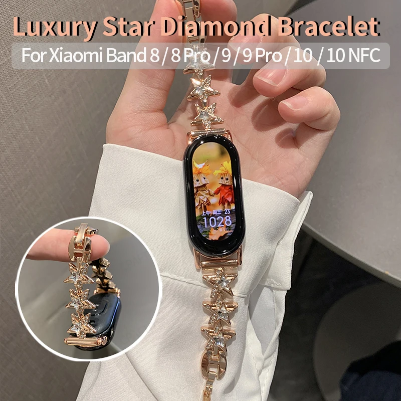 Sparkling Star Diamond Metal Bracelet Strap for Xiaomi Mi Band 10 9 8 Bling Rhinestone Jewelry Chain for Apple Watch Series 11-1