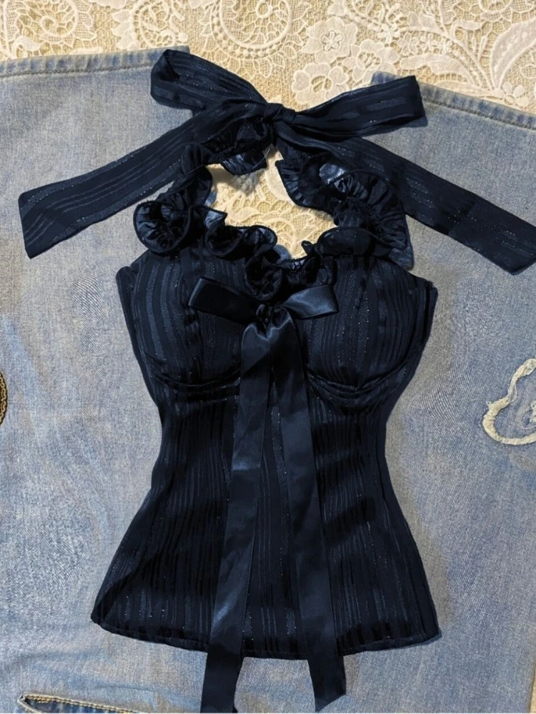 

French Sexy style Lace-up Vests Women Retro Bow Sweet design Y2k Sling Tops summer Aesthetic Hot Chick slim Clothing 2025 New