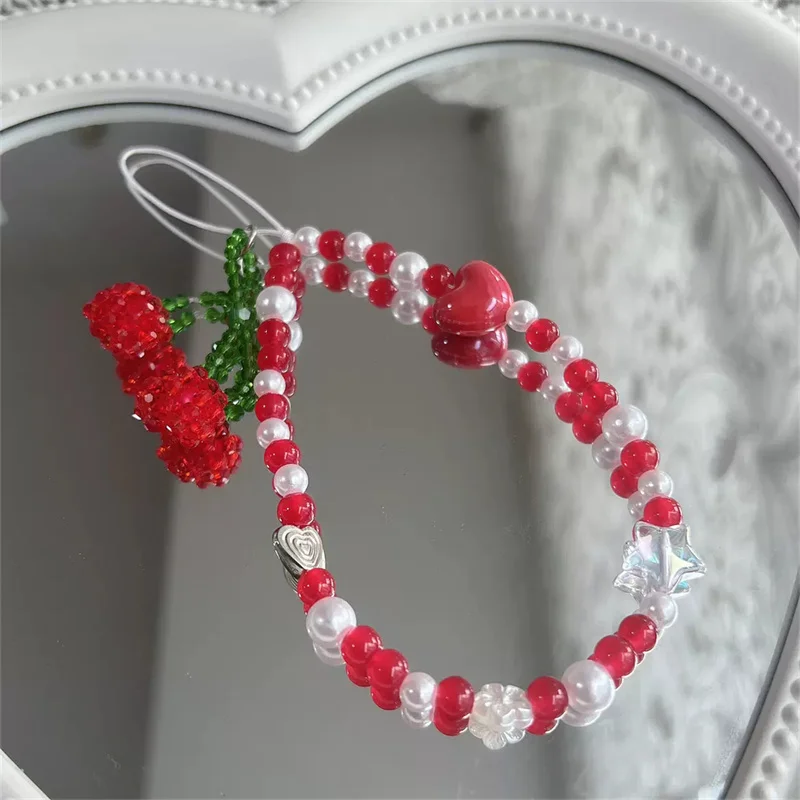 Korea Cherry Fruit Cute Pendant Phone Bracelet Strap Charm Chain Knot Cellphone Lanyard Keychain Bag Camera Lanyard For Airpods