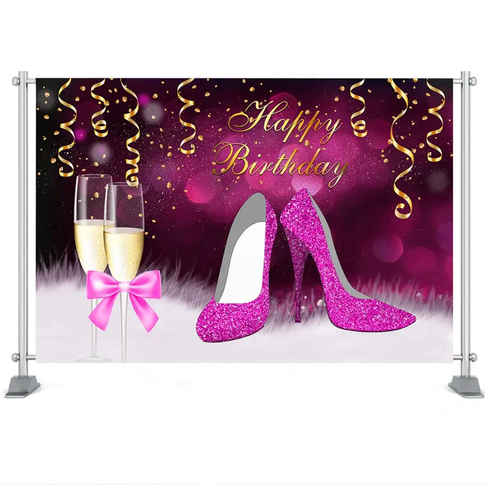 Mocsicka Purple Birthday Backdrop Women High Heel Champagne Birthday Selfie Background Ladys Birthday Party Decor Banner