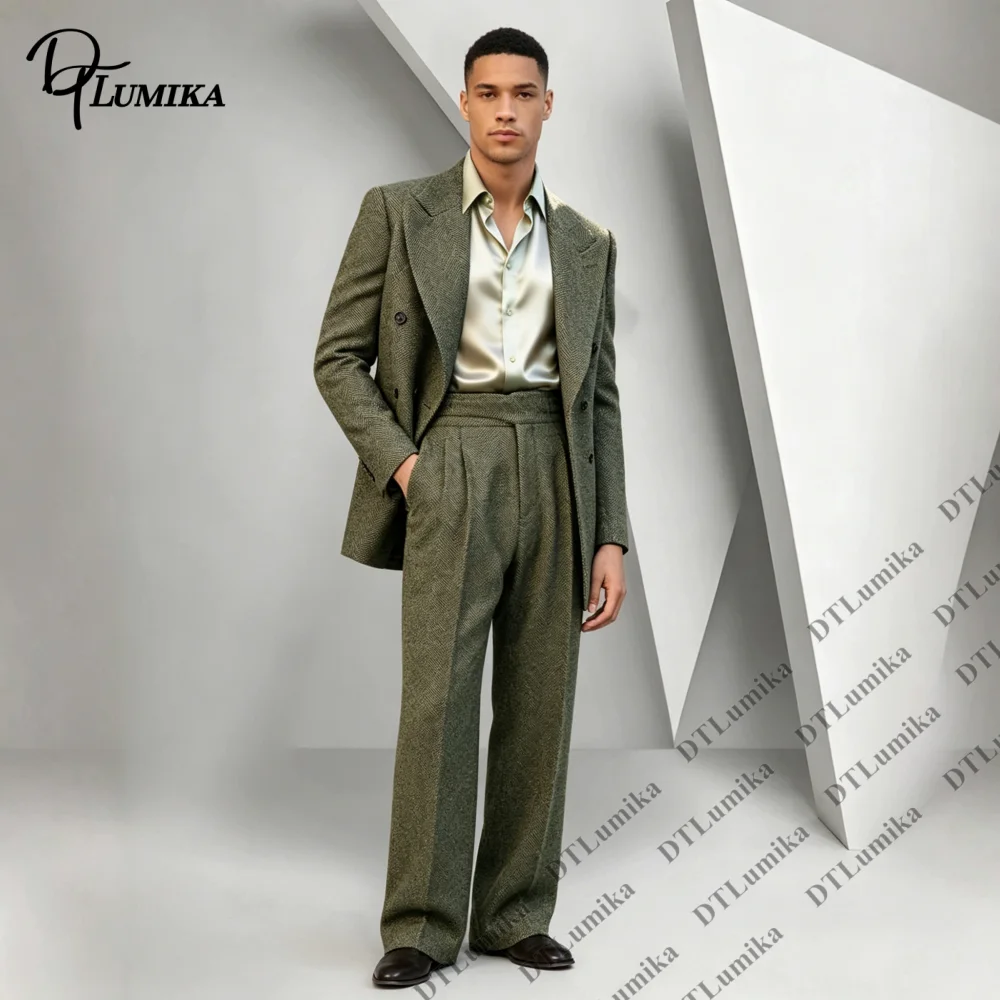 Bespoke Heritage‑styled Double Breasted Men Suit 2‑Piece Retro Wide‑leg Formal Ensemble Vintage Wedding Guest Business Dinner