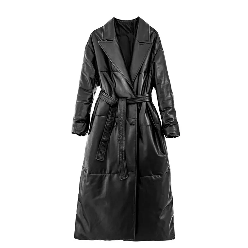 Women's Leather Down Jacket, Loose, Extra Length Design, Goose Down Coat, Suit Collar, Fashion Leather Sheepskin Coat