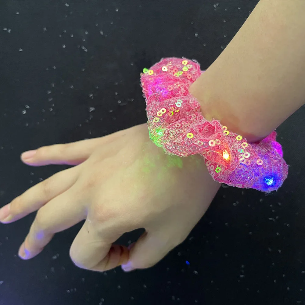 20pcs Women Girl LED Sequin Scrunchies Glow Light Up Hair Scrunchy Hair Tie Ponytail Holder Party      Halloween