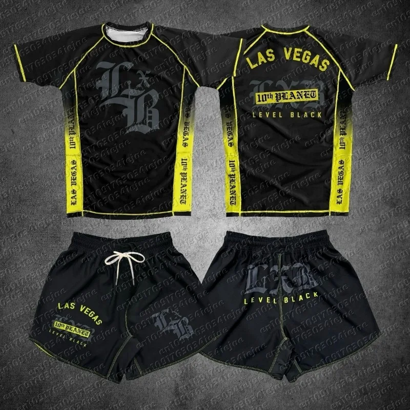 MOTO 2026 New Men's Level Black 2 Piece Training Set Short Sleeve Compression Shirt and Shorts for MMA BJJ Workout Colthing