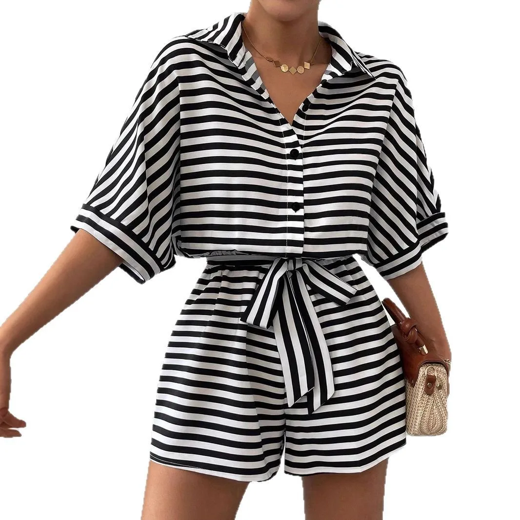2025 nova moda impressa camisa de manga curta + shorts conjuntos de duas peças feminino verão casual solto listrado topo shorts conjunto para mulher