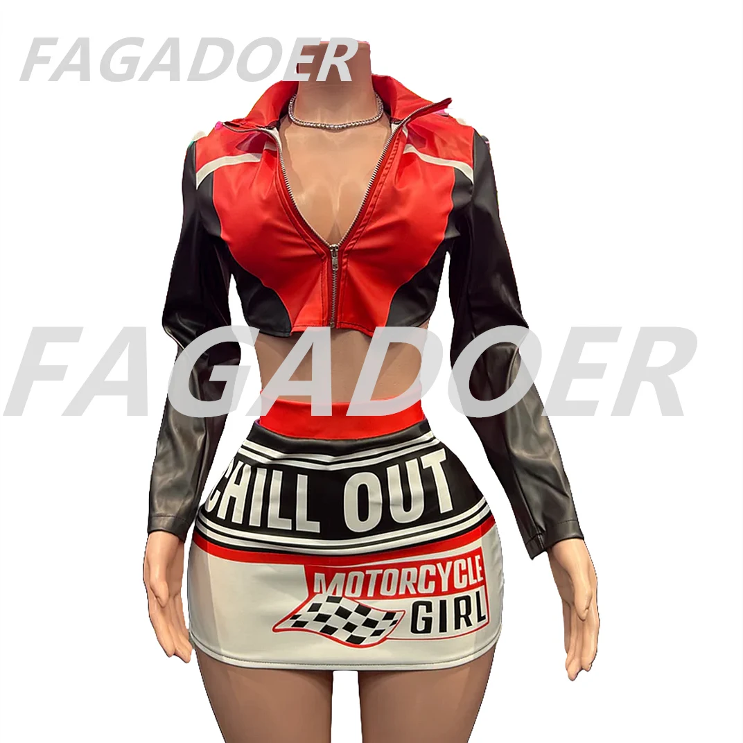 FAGADOER Y2K Letter Printing Leather Jacket Women Moto Coat Color Blocks Zip Crop Jacktes + Mini Skirt Suit Hot Girl Streetwear