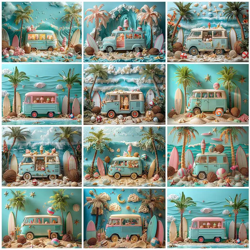 Mocsicka Summer Photography Background Tropics Beach Ice Cream Truck Palm Tree Surfing Backdrop for Photo Studio Photocall Props