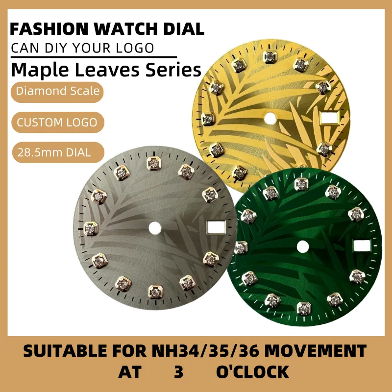 Custom LOGO 28.5mm Maple Leaves Face Sterile Diamond Watch Dial Luminous Watch Accessories Fit NH34 NH35 NH36 Automatic Movement