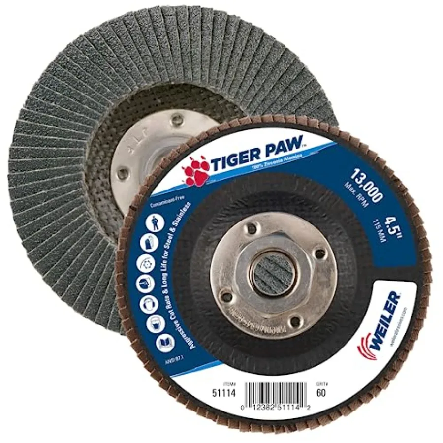 

51114 4-1/2" Tiger Paw Abrasive Flap Disc Flat Ty27 Phenolic Backing 60Z 5/8"-11 Unc Nut (Pack of 10)