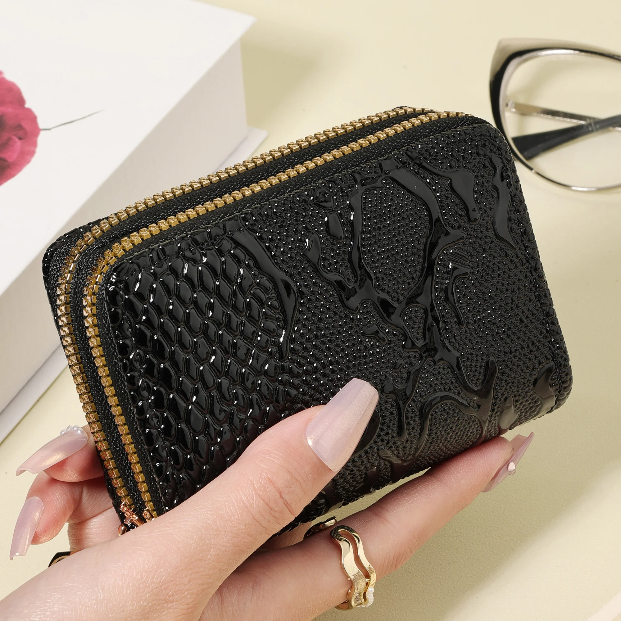 Einfache Retro-Kreditkartenetui-Tasche mit Doppelreißverschluss, trendige kurze Kartenbörse, Münzbörse mit mehreren Fächern