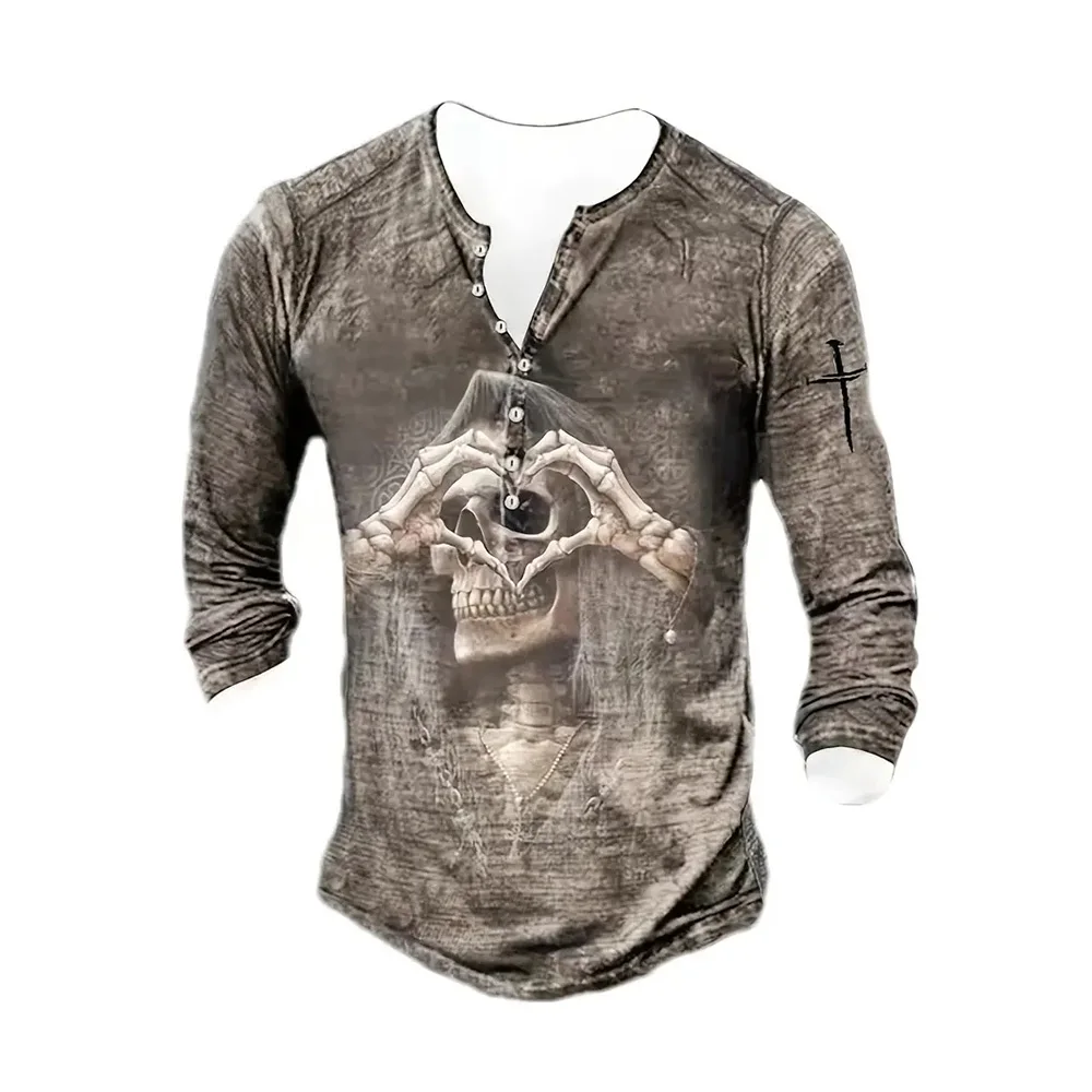 Henry Men's V-neck Shirt 3D Skull Pattern Printed Autumn New Product Retro Classic Long Sleeve Top Men's Punk Street Style Gothi