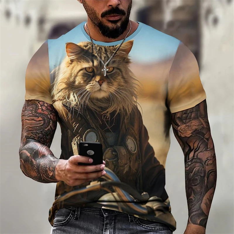 Cool Men T-shirt Stray Cat Pattern Printed T-Shirt Loose Short Sleeved T-Shirt Oversized Men Clothing Tops Streetwear Summer Tee