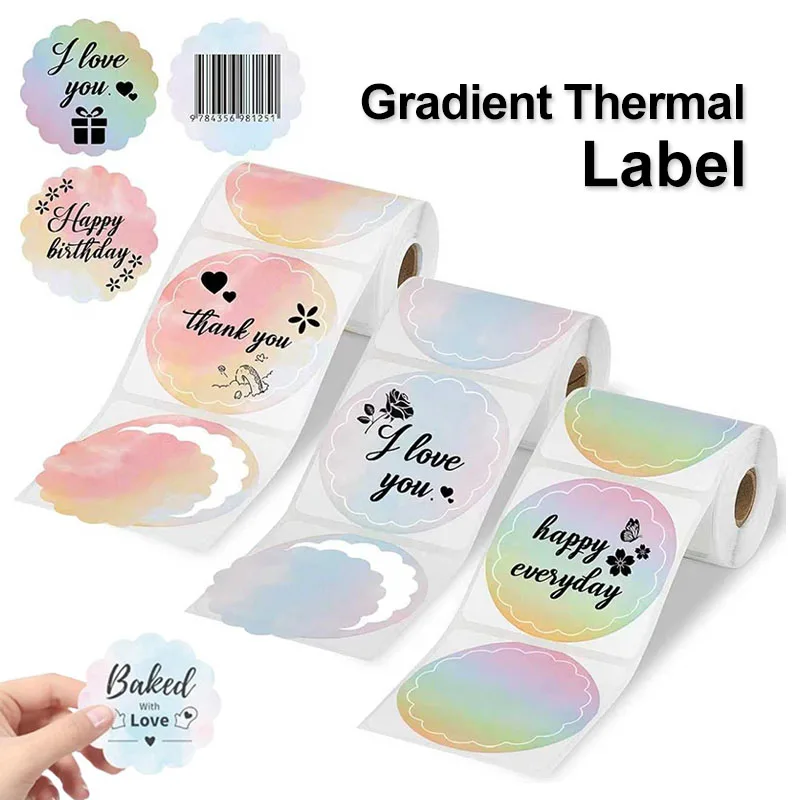 그라데이션 자가 접착 라벨 직접 열전사 원형 스티커 롤 꽃 모양 원형 인쇄 가능 라벨 용지 선물 카드 가정용 보관