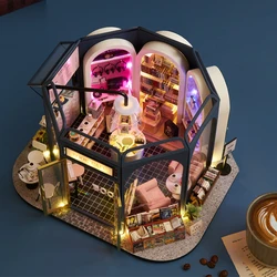 DIY Wooden Miniature Building Kits Coffee Store Casa with Led Light Assembled Dollhouse Bookshelf Home Decoration Friends Gifts
