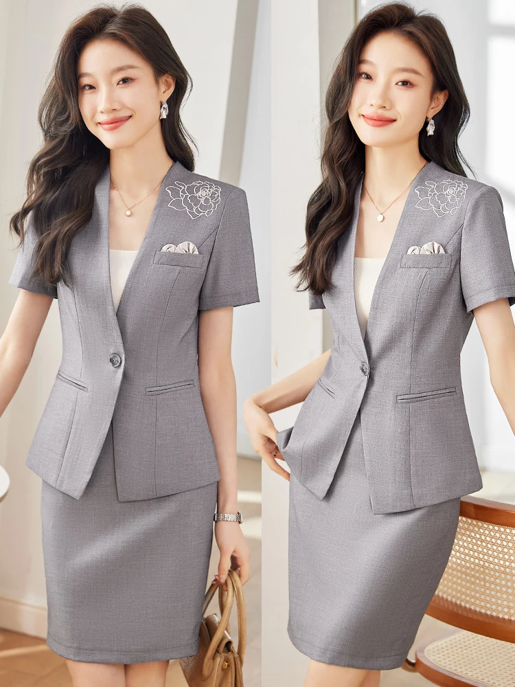 

Женский летний тонкий костюм-двойка серого цвета с вышивкой, профессиональная униформа для ювелирного магазина, деловая юбка, полиэстер, V-образный вырез, шорты