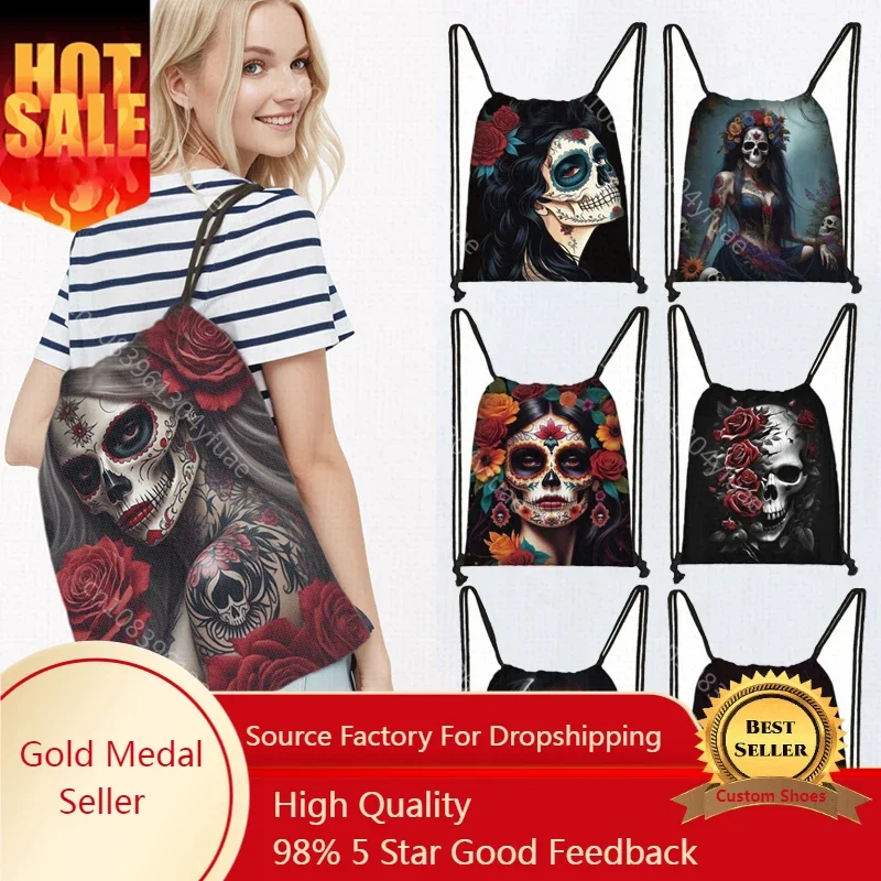 

Mexico Skull Pattern Drawstring Bag Skeleton Teenager Portable Storage Bag Flower Holy Death Backpack Bookbag Shoe Holder