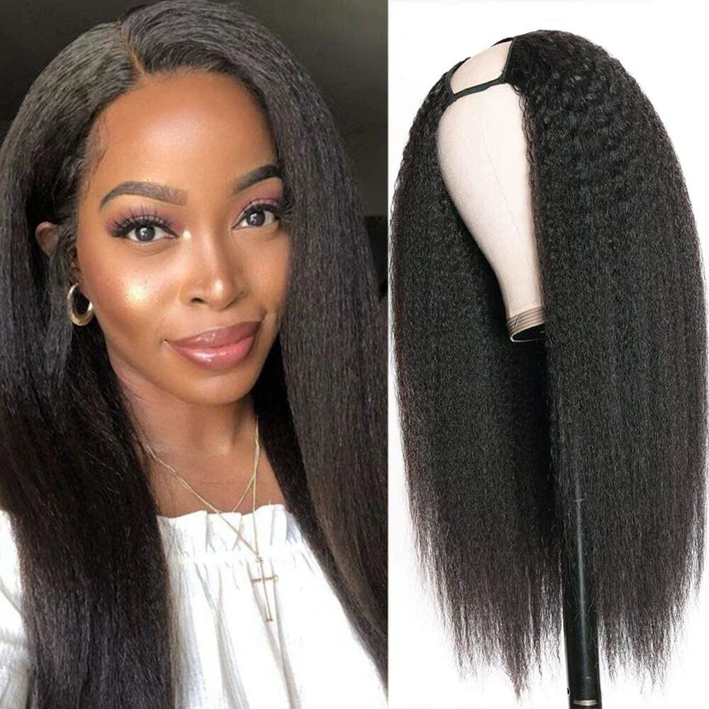 

U Part Human Hair Yaki Straight Wig for Women Brazilian Machine Made U Part Yaki Straight Human Hair 180% Density Natural Color