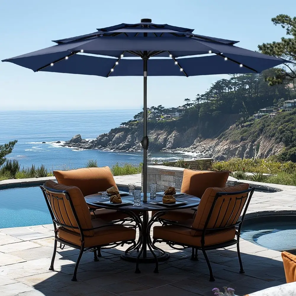 10-Foot Outdoor Patio Umbrella with LED Lights, Auto-Tilt, 3-Tier Vent, UV50+ Protection, Crank Lift, Navy Blue