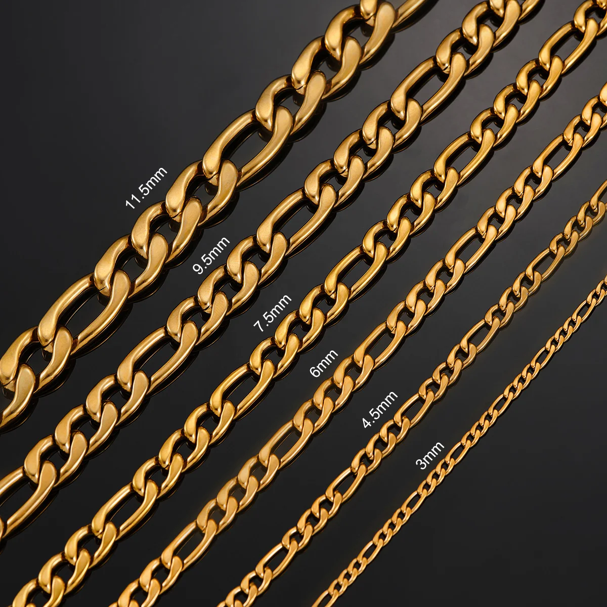 Thickness 3mm/4.5mm/6mm/7.5mm/9.5mm/11.5mm Gold Color Stainless Steel Figaro Link Classic Necklace Chain for Men Women Jewelry