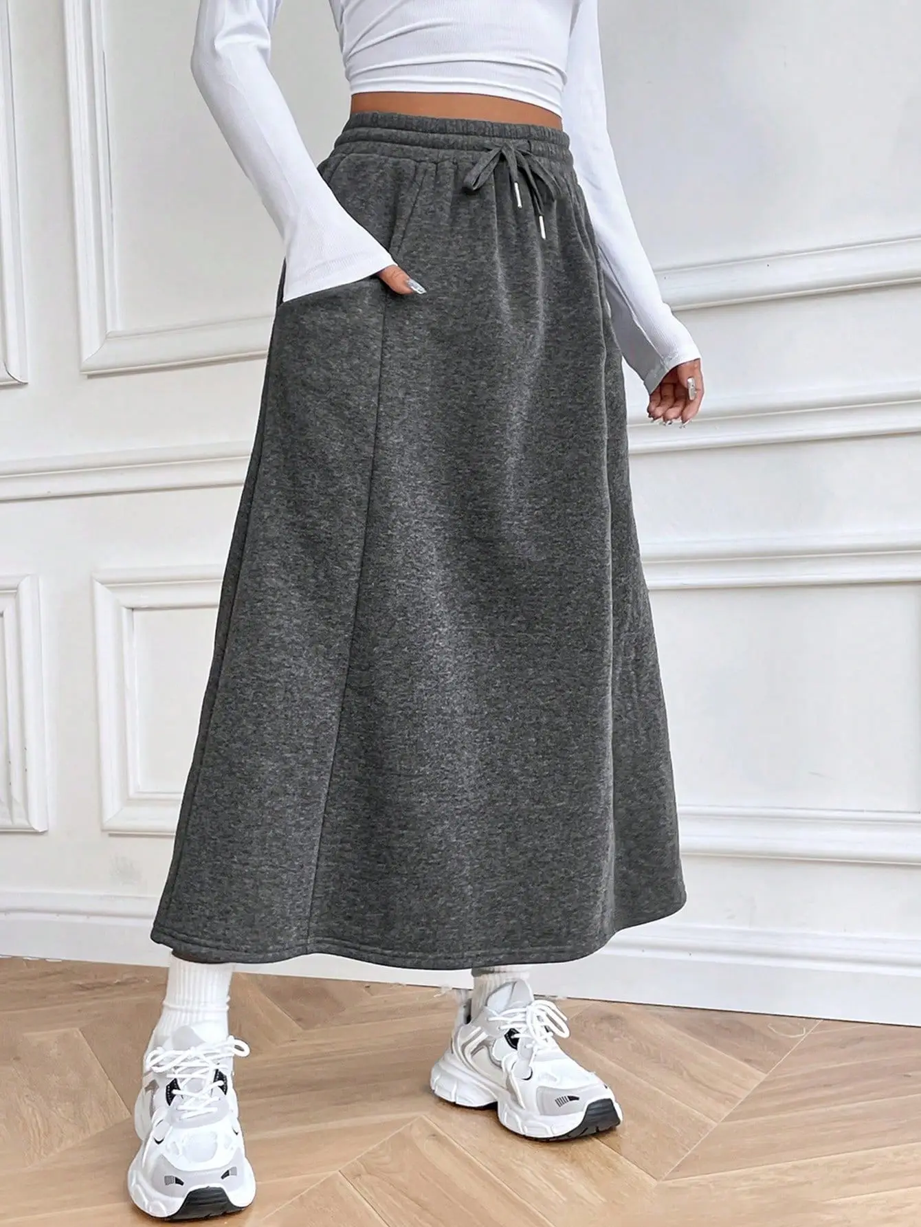

Benuynffy Solid Knot Front High Elastic Waist A-Line Skirt Women's Spring Autumn Casual Streetwear Long Skirts with Pockets