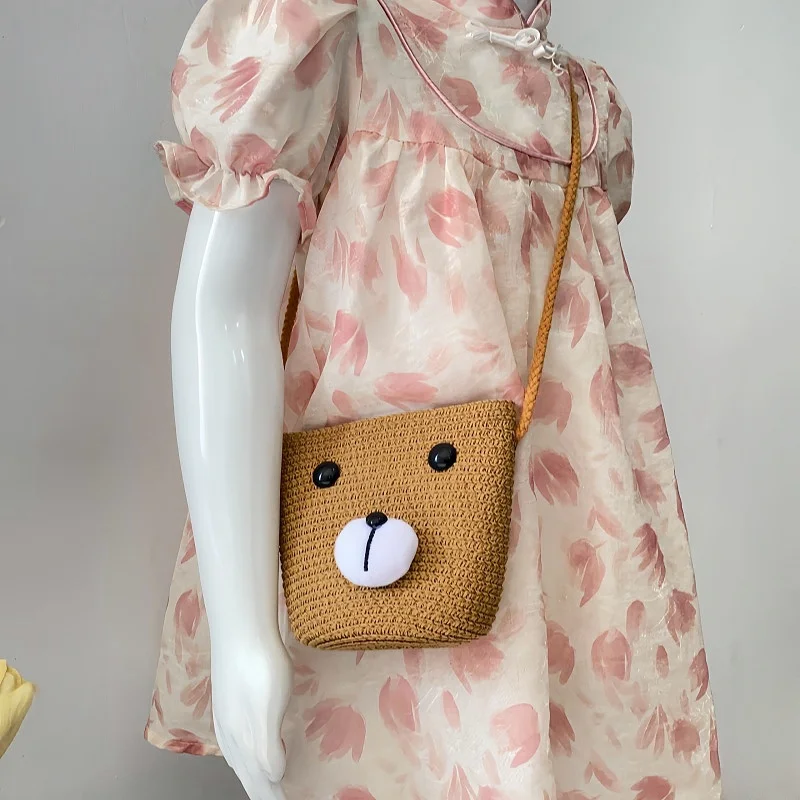 Bolso cruzado de verano para niños, monedero de paja hecho a mano de Color sólido para bebé, Mini bolso de moda de princesa bonito