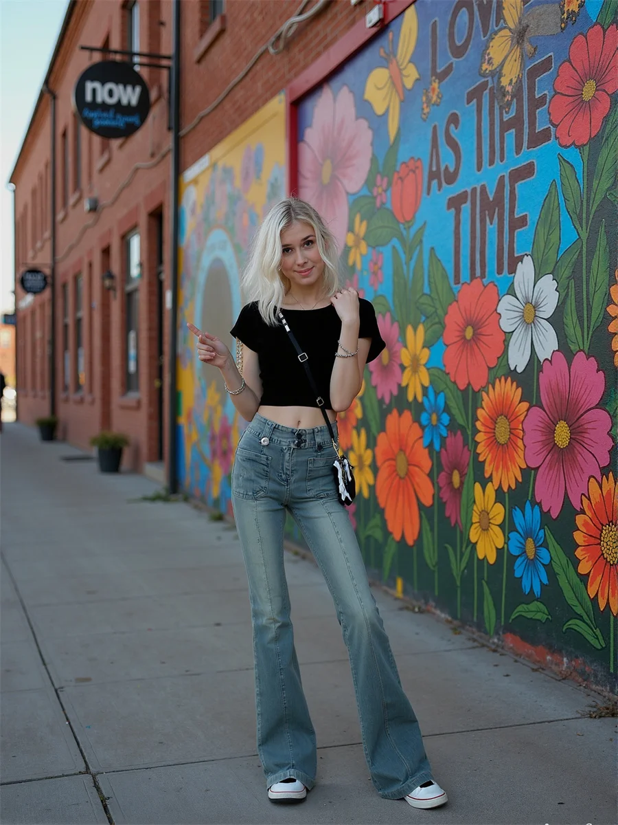 

Flare Slim Skinny Floor Jeans Womens Patchwork Pleated High Waist Vintage Flared Leg Baggy Embroidered Slim Fit Blue Pocket