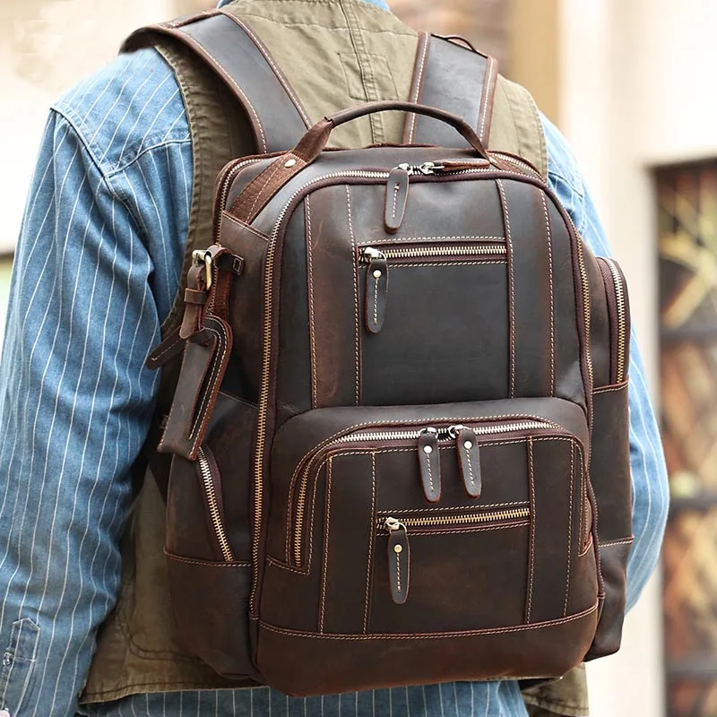 Fashion Luxury Backpack Men Genuine Leather Travel Backpack Bag Big Capacity Bagpack Leather For Man Male Laptop Backpacks 15.6