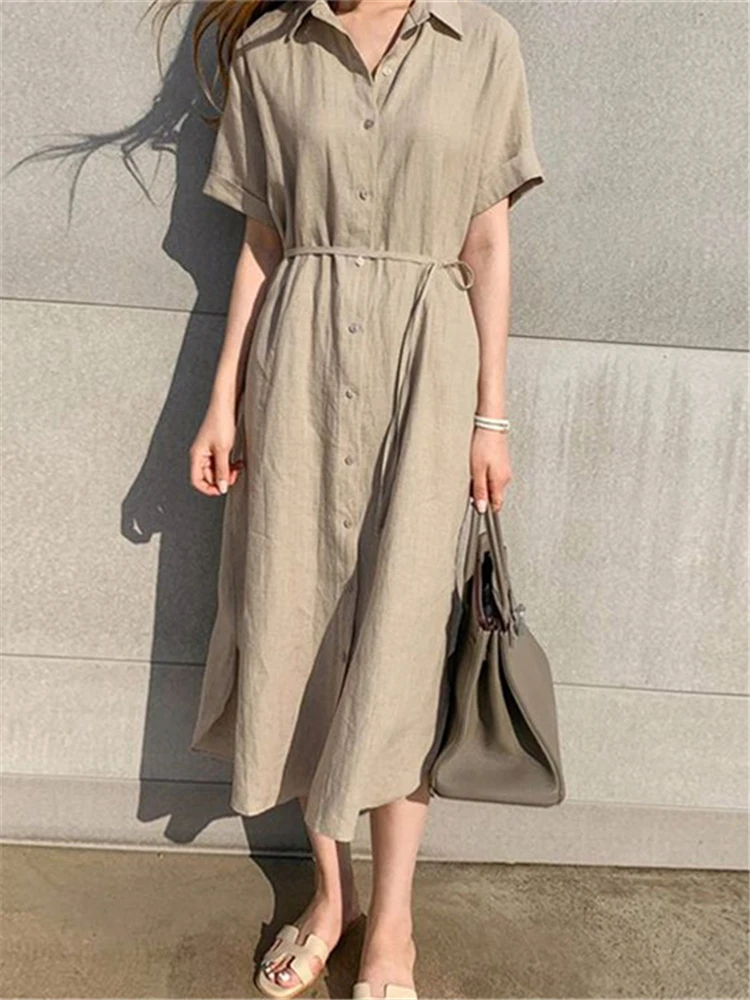 Colorfaith DR1670 New 2023 Lace Up Chic Elegant Lady Oversized Korean Fashion Vintage Split Pure Women Spring Shirt Long Dresses