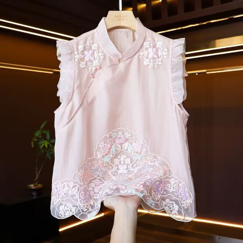 

Women's Jackets Women's Vest Fashion High-end Silk Embroidery new Chinese Vest Coat Female Chinese Style Ruffled Sleeveless top