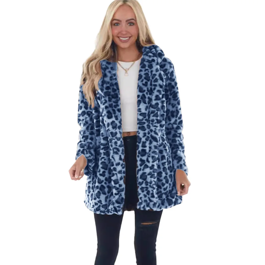 Women Mid Length Coats Faux Fur Jackets Turn Down Collar Pockets Leopard Thick Warm Y2k Streetwear Elegant Work Autumn Winter