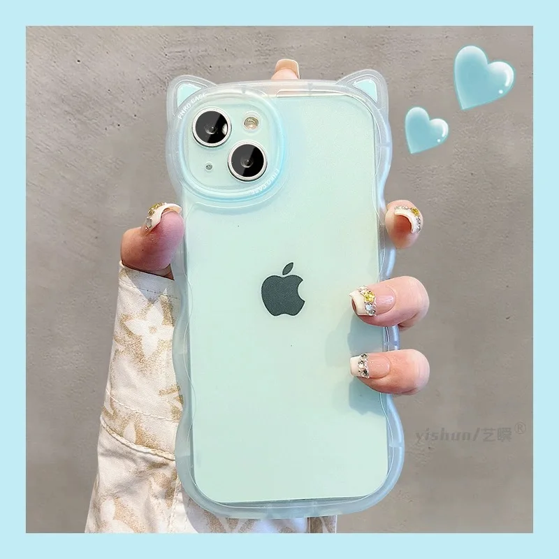 Cute Cartoon Cat Ears Candy Color Phone Case For iPhone 16 Pro Max 15 14 13 12 11 XR XS 7 8 Plus Soft Silicone Shockproof Cover