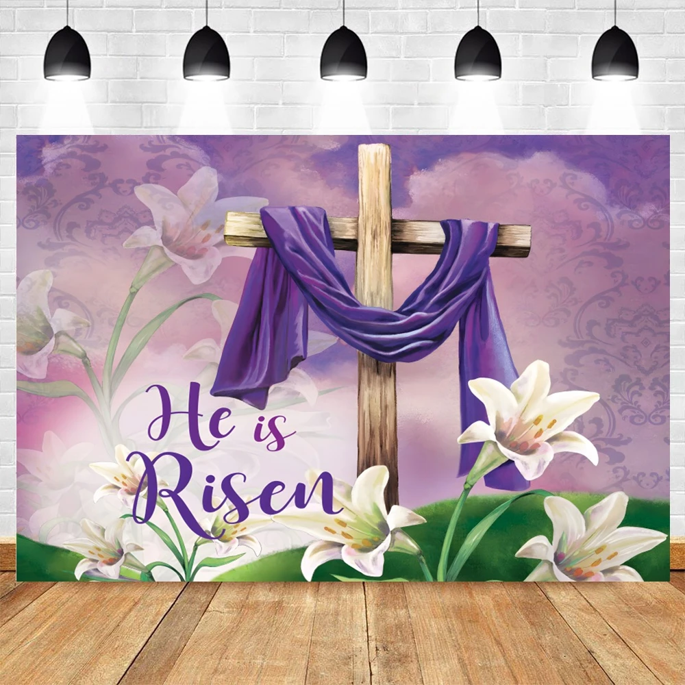 Spring Easter Photography Backdrop He Is Risen Jesus Cross Religious Flowers Rabbits Grass Baby Shower Background Photo Studio
