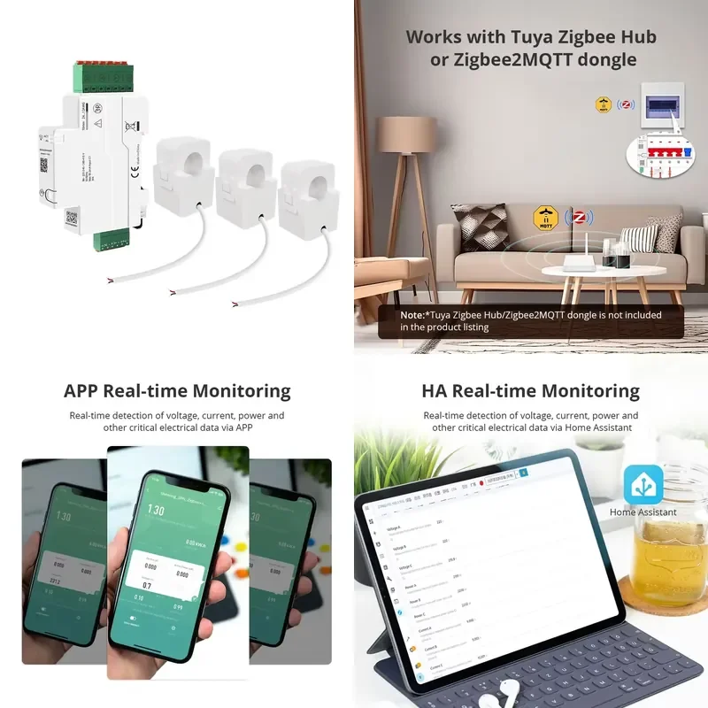 Zemismart Zigbee 120A Smart Din-rail Energy Meter 3 Phase Power Monitor Split-core CTs Smart Energy Monitor Works