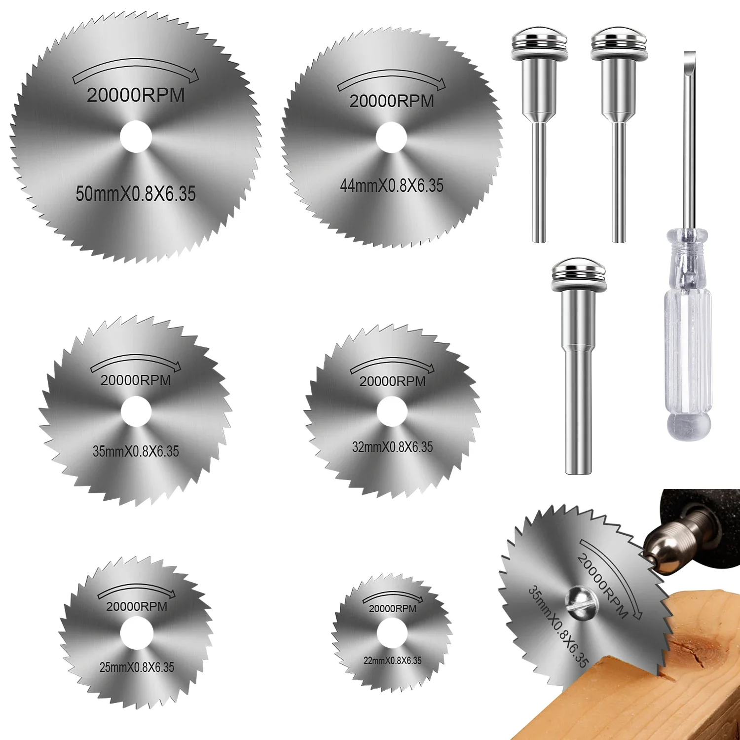 6Pcs HSS Cutting Wheels for Dremel - Saw Blades Kit w/ 1/8" & 1/4" Shank Mandrels, Screwdriver - Cut Wood, Plastic, Aluminum