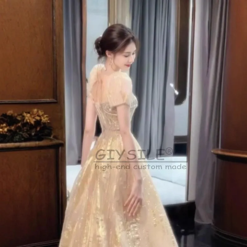 GIYSILE Customized Champagne-colored Square Collar Evening Dress 2025 New Bubble Sleeve Luxury A-line Skirt Sexy Party Dresses