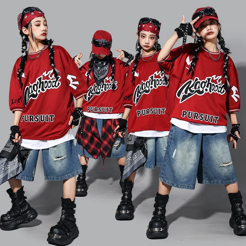 Hip Hop Kostüm Street Dance Outfit Kinder Leistung Bühnenkostüm Übergröße Rot Top Denim Shorts Mädchen Jazz Dancewear 2134