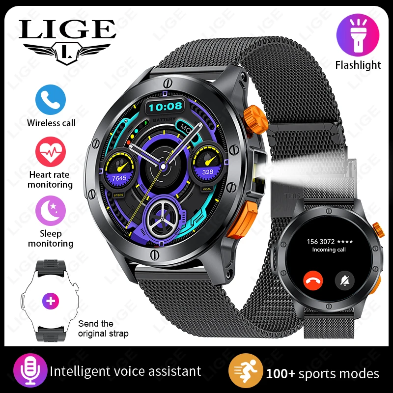 LIGE Fashion Smart Watch Men Voice Assistant Bluetooth Call Heart Rate Monitoring IP68 Waterproof LED Flashlight Men SmartWatch