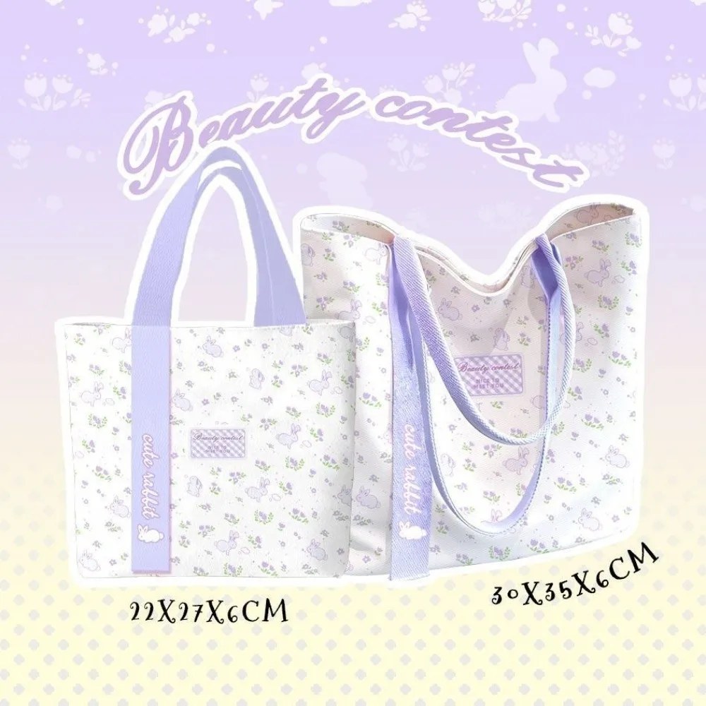 Cute Rabbit Canvas Bag Floral Cartoon Shoulder Bag Lightweight Versatile Lunch Bag Work image 2