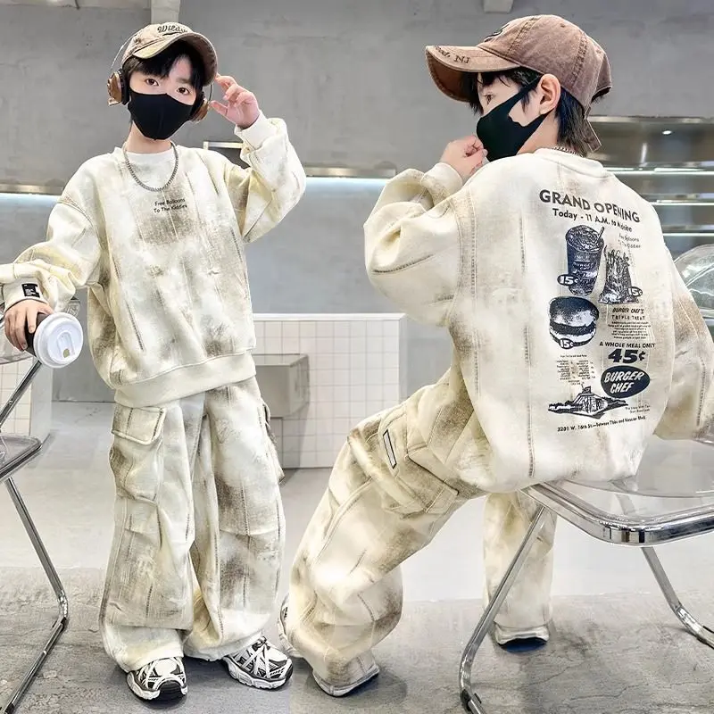 ZOETOPKID 2026 Spring Winter Boys Tracksuit Letter Graffiti Sweatshirt Hooded + Loose Cargo Pants Clothes Children Set