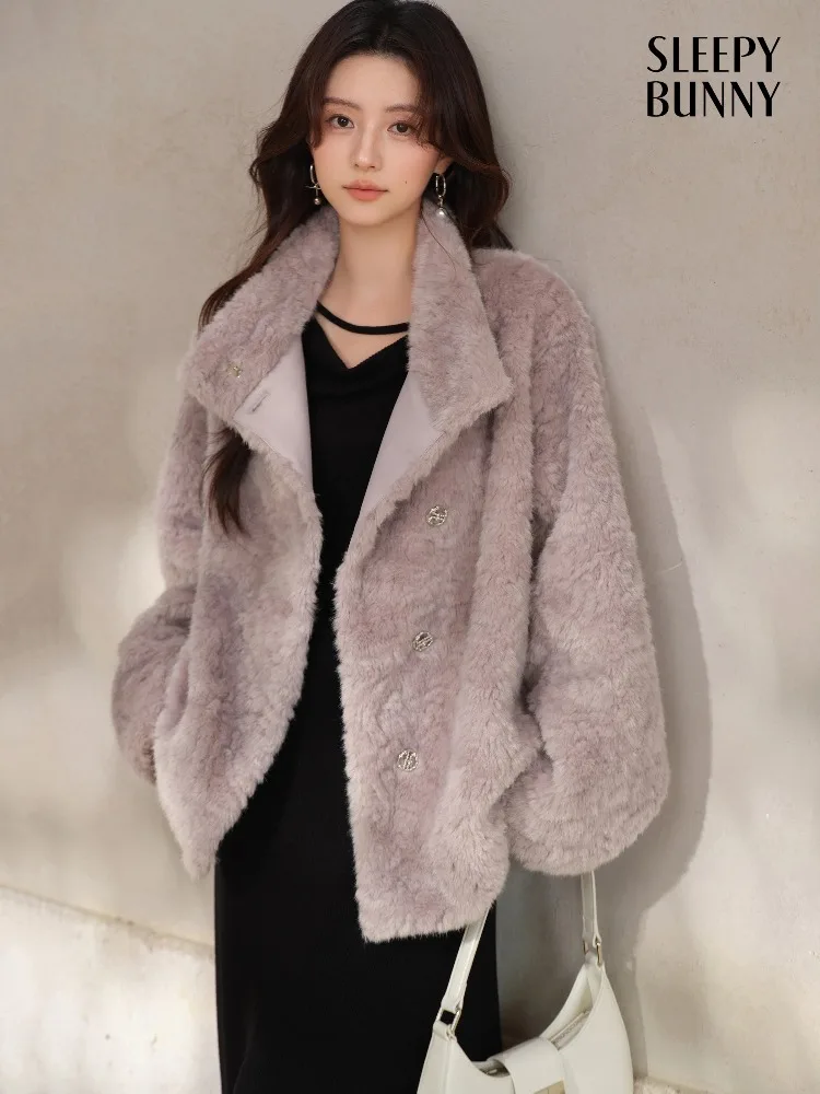 

Plush Short Wool-Like Coat Women Lapel Winter Jacket Warm Thick Outerwear with Soft Texture Chic Cropped Design for Stylish Look